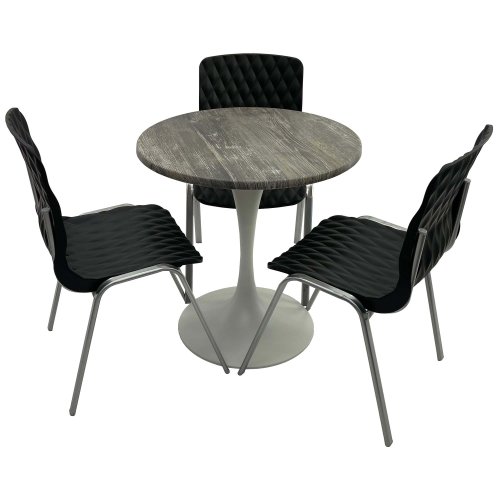 Set mobila de terasa, restaurant raki old pine, masa rotunda d70cm cu blat werzalit si baza metalica alba, 3 scaune royal negre