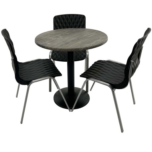 Set mobila de terasa, restaurant raki old pine, masa rotunda d70cm cu blat werzalit si baza metalica neagra, 3 scaune royal negre