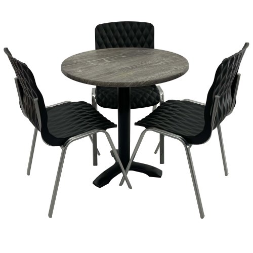 Set mobila de terasa, restaurant raki old pine, masa rotunda d70cm cu blat werzalit si picior metalic negru, 3 scaune royal negre
