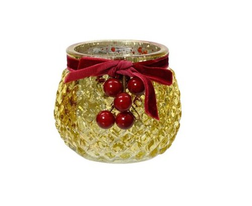 Suport pentru lumanare velvet ribbon and berry, decoris, 8x7 cm, sticla, auriu