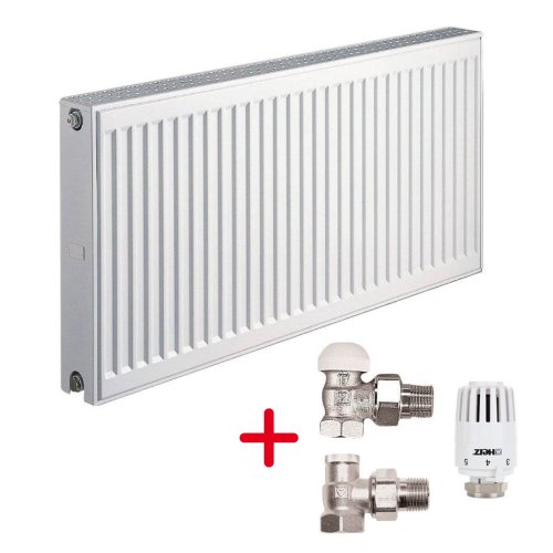 Pachet radiator koph 22/600/1200 tip panou din otel, 2664 w + set 2 robineti si cap termostatic herz 1/2