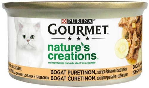 Gourmet natures creations conservă pentru pisici, curcan, spanac, păstârnac 85g